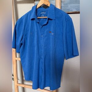 Orvis Mens XL Blue Short Sleeve Button Front Shirt Vented Mesh Pockets Outdoor